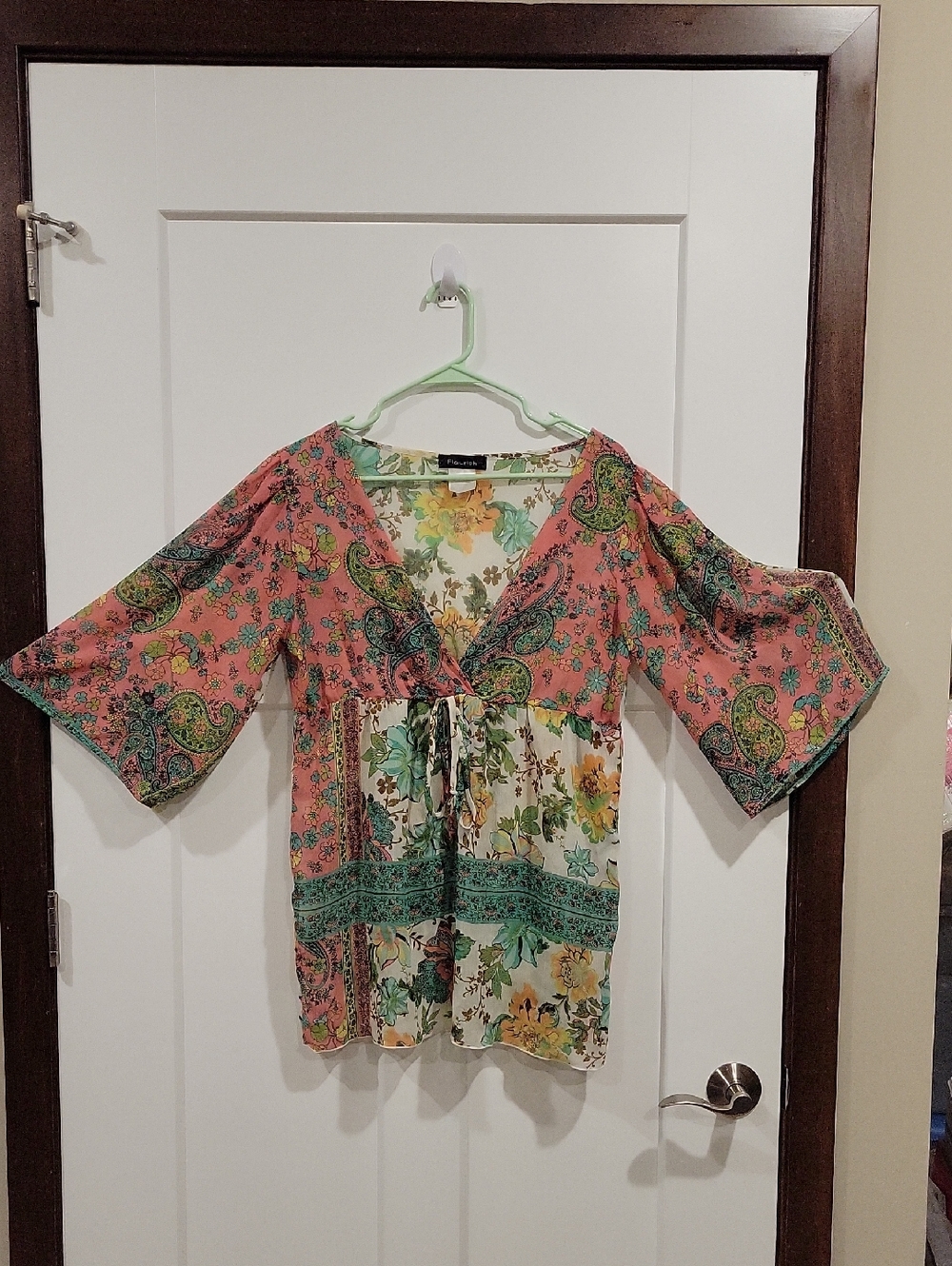Fleurish Mixed-Print Tie-Front Tunic in Coral & Green